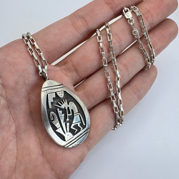 VTG Sterling Silver 925 Kokopelli Oval Link Chain Pendant Necklace 25.5" Length - Picture 11 of 16